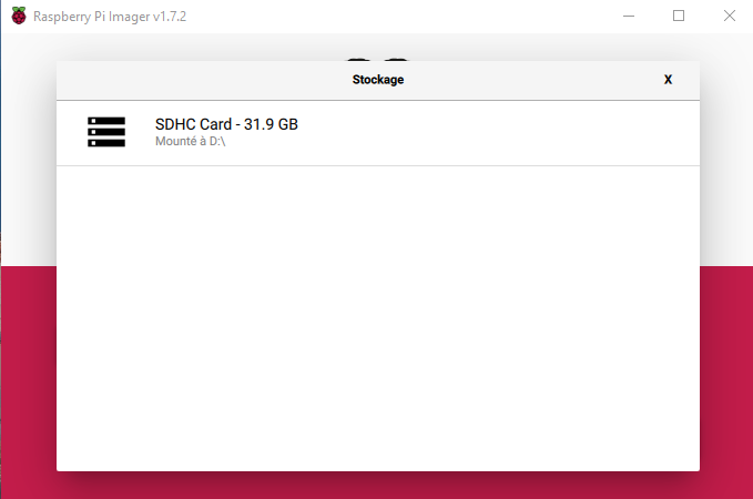 Raspberry Pi Imager choix de la carte SD
