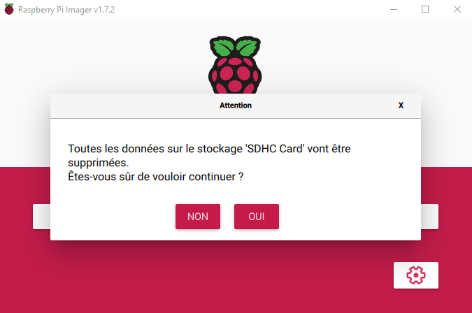 Raspberry Pi Imager confirmation d'écriture