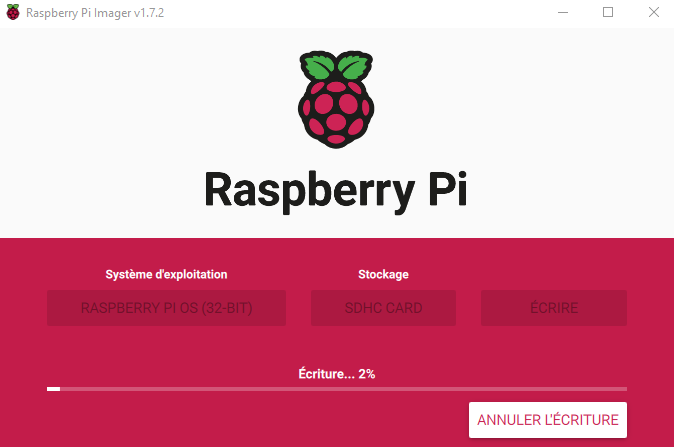 Raspberry Pi Imager écriture de la carte