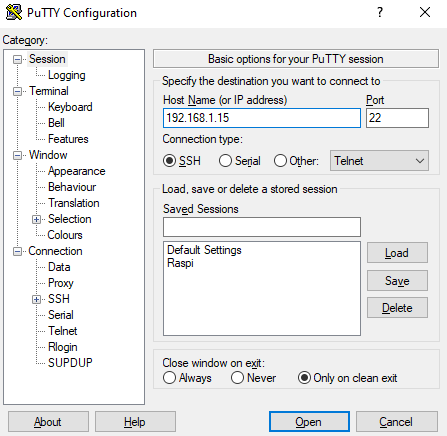 Configuration Putty pour liason SSH avec le Raspberry Pi