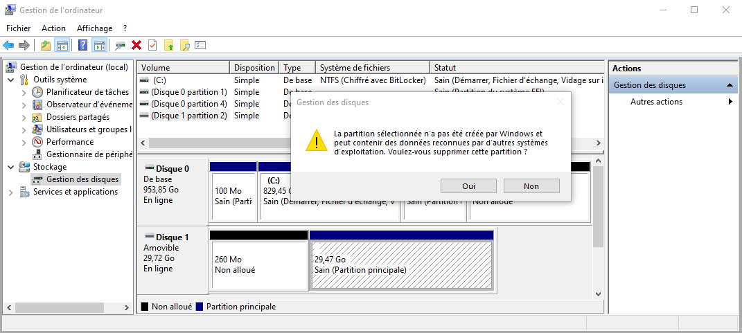 Message de confirmation de suppression des partitions